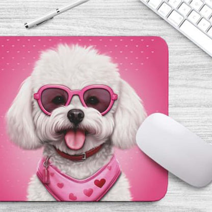 Pink Mousepad Glamour Dog Bichon Frise Mouse Pad for Home Office Gaming Working Desk Computer Desktop Accessories Non-Slip Rubber Mousepad for Dog Lovers