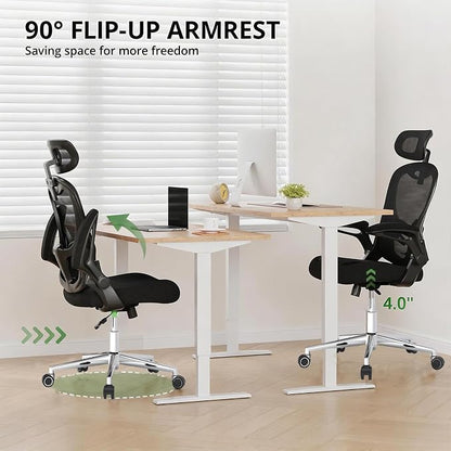 Office Chair, Ergonomic Breathable Mesh,Flip-Up Arms and Adjustable High Back Lumbar Support,Comfy Computer Chair for Home Office (Black, 407)
