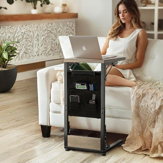 Folding TV Tray Table, Small Folding Side Table with Storage Bag, Portable C Shaped End Table for Couch Sofa Bed, Oak Gray