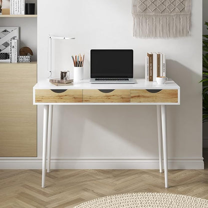 DlandHome Computer Desk with Drawers Mid Century Modern Desk 41.3 Inches Vanity Desk with 3-Drawers, Office Desk with Drawers Writing Desk Study Table Makeup Tables, Bedroom Dresser Table