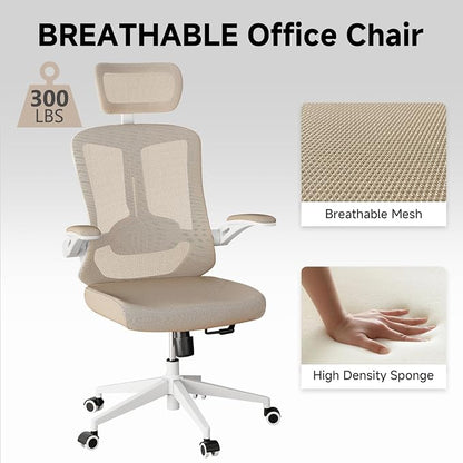 Ergonomic Office Chair with Adjustable Lumbar Support & Flip-Up Armrests - High Back Computer Desk Chair with Thickened Seat Cushion, Rolling Wheels for Home/Office Study Work (07khaki)