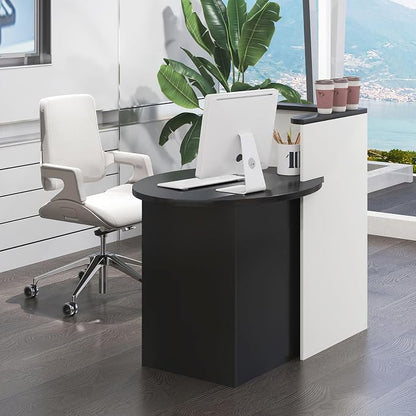 Tangkula Reception Desk, Front Counter Desk with Lockable Drawer & Adjustable Shelf, Oval Desktop, Retail Counter for Checkout, Computer Workstation for Salon Lobby Office, Home Office Desk