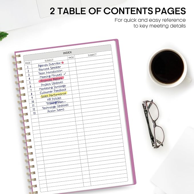 Meeting Notebook for Work Organization - Work Planner Notebook with Action Items, Agenda Planner for Note Taking, 160 Pages (6.9" X 9.9") Project Organizer for Men & Women - Purple