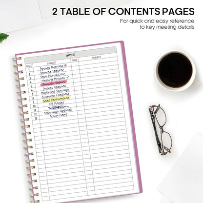 Meeting Notebook for Work Organization - Work Planner Notebook with Action Items, Agenda Planner for Note Taking, 160 Pages (6.9" X 9.9") Project Organizer for Men & Women - Purple