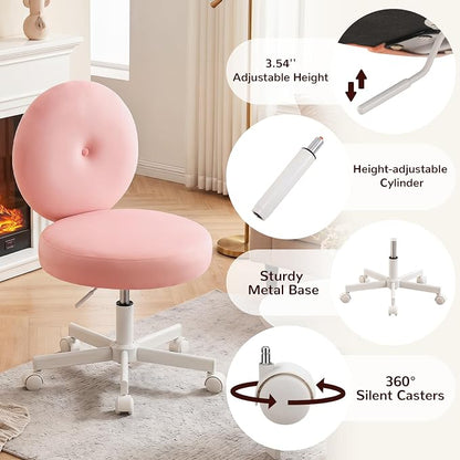 Furniliving Round Velvet Vanity Chair with Wheels, 360° Swivel Armless Desk Chair, Adjustable Height Rolling Makeup Chair for Bedroom Study Room, Pink