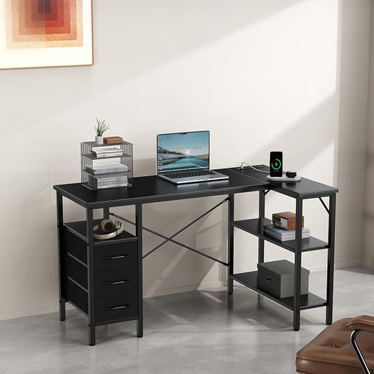 Simple Deluxe L Shaped Gaming Desk with Power Outlets, 47 Inch Computer Desk with 3 Drawers, Shelves, Corner Computer Desk for Gaming, Corner Work, Home Office, Study, Black