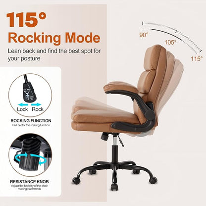 Mid Back Office Desk Chair,Leather Conference Room Chairs,Ergonomic Home Computer Chair,Modern Executive Chair with Padded Flip-up Armrest and Swivel Wheels (Brown)