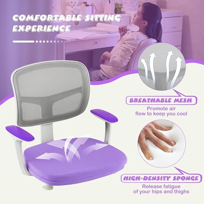 Kids Desk Chair, Height Adjustable Children Study Chair w/Lumbar Support, Swivel Mesh Seat, Universal Casters, Ergonomic Kids Task Chair for Boys Girls Aged 3-10, Home, School, Office (Purple)