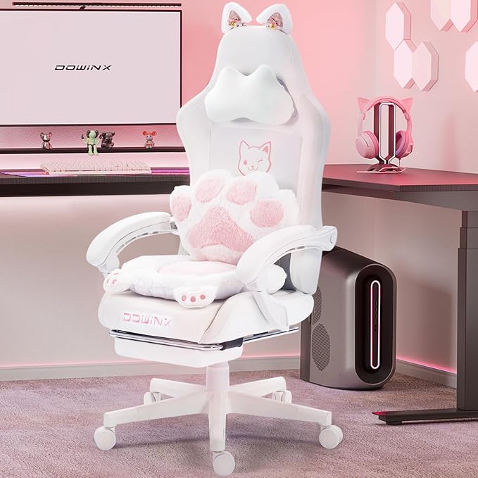 Dowinx Gaming Chair with Cat Ears and Massage Lumbar Support, Ergonomic Computer Chair with Footrest and Headrest, Comfortable Reclining Game Chair 290lbs for Adults, White