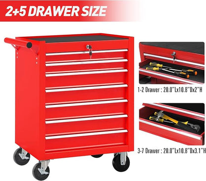 RYH 7 Drawers Rolling Tool Chest & Tool Box on Wheels | Heavy Duty Metal Cart with Ball Bearing Drawers | Fits US General Tool Box for Garage Storage (Red-6, 7 Drawers（29.6" H × 24.4" W × 13" D)