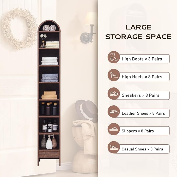 IFGET 67" Tall Arched Bookshelf, 8 Tiers Arch Bookcase with Storage, Modern Farmhouse Book Shelf with Adjustable Shelves, Wood Bookshelf w/Open Display Shelves for Living Room, Office (Brown)