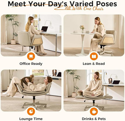 amseatec Criss Cross Chair with Natural Sisal Cat Scratch Pad, 5-Gear Adjustable Armrests, 360° Silent Casters,pet-Friendly Office, Gaming, Leisure, and Make up Vantiy Desk Chair(Cream)