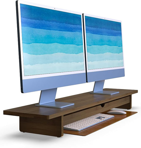 42” Dual Monitor Stand Riser with Large Drawer Keyboard Storage | Double Computer Monitor Riser Shelf for 55-72 Inch Desk Aesthetic Workplace Setup Desktop Organizer Toasted Bamboo
