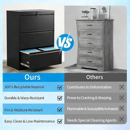 3 Drawer Lateral File Cabinet with Lock, Metal Lateral Filing Cabinet for Home Office, Steel Wide Horizontal Filing Cabinets for Letter/Legal/A4/F4 Hanging Files (Black)