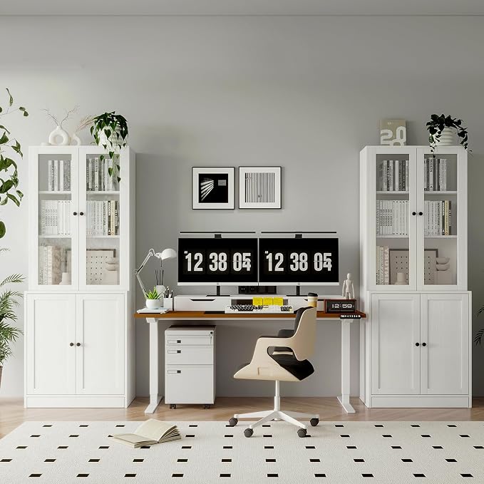 TUSY 71'' Bookshelf with Doors - 5 Tier Freestanding Tall Bookcase, Modern Storage Cabinet for Home Office, Curio Cabinets with Glass Door for Living Room, Bedroom (2, White)