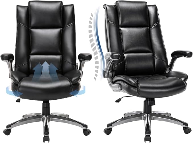 COLAMY Leather Executive Office Chair Set of 2 - High Back Ergonomic Home Computer Desk Chair with Padded Flip-up Arms, Adjustable Tilt Lock, Swivel Rolling Chair for Adult Working Study, Black