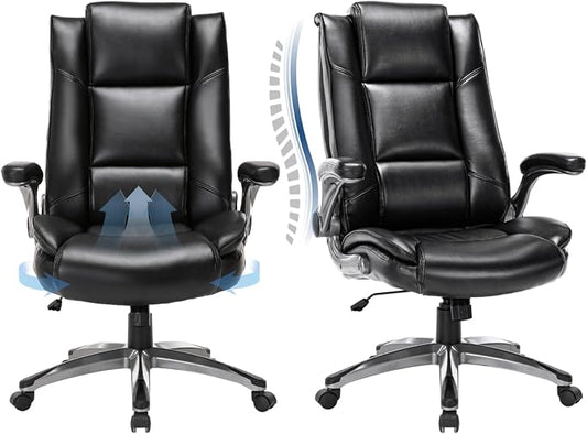 COLAMY Leather Executive Office Chair Set of 2 - High Back Ergonomic Home Computer Desk Chair with Padded Flip-up Arms, Adjustable Tilt Lock, Swivel Rolling Chair for Adult Working Study, Black
