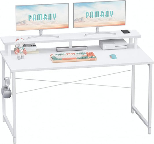 Pamray 47 Inch Small Computer Desk with Monitor Stand, Simple Office Desk with Headphone Hook for Small Spaces, Kids Study Writing Table for Bedroom, White