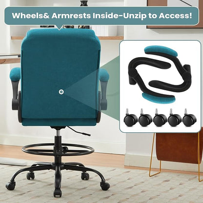 MAHOMICO Drafting Chair for Standing Desk – Tall Office Chair with Adjustable Height & Foot Ring, Flip-Up Arms, Lumbar Support – Comfortable Fabric Seat, Ideal Home Desk Chair