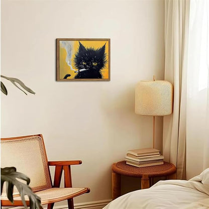 Vintage Black Cat Wall Art, Black Cat Painting Portrait Wall Decor, Mens Room Canvas Print Poster, Cool Animals Picture Art for Bathroom Decor 16x24 inch Wood Framed
