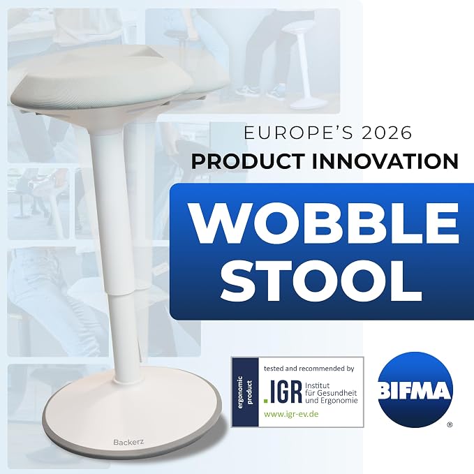 Backerz Standing Desk Stool Chair, Height Adjustable 16-24 inch for Office and Classroom, Swivel Base, Anti-Slip Bottom Ergonomic Wobble Stool with Rocking Motion, White