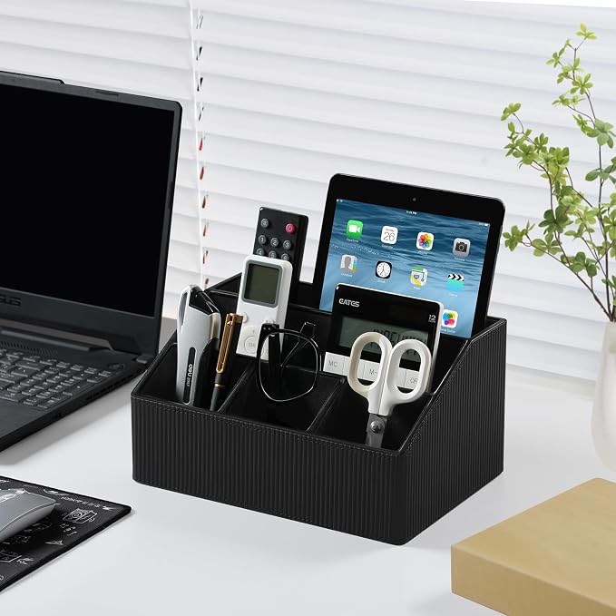 Desk Organizer Caddy with 5 Compartments for Office Art Supplies, PU Leather Nightstand Organizer Pencil Pen Desk Caddy for Home, Desktop TV Remote Control Holder Storage (Striped Black)