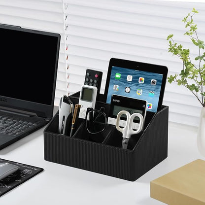 Desk Organizer Caddy with 5 Compartments for Office Art Supplies, PU Leather Nightstand Organizer Pencil Pen Desk Caddy for Home, Desktop TV Remote Control Holder Storage (Striped Black)