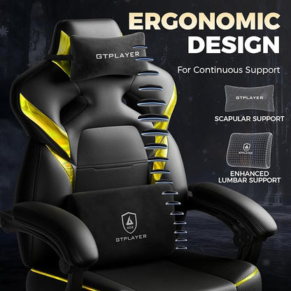 GTPLAYER Big and Tall Gaming Chair for Adults, Ergonomic Office Chair with Footrest, Heavy Duty 350 lbs Capacity, High Back, Premium Leather & Iridescent Trim, ACE-Armor, Black & Yellow