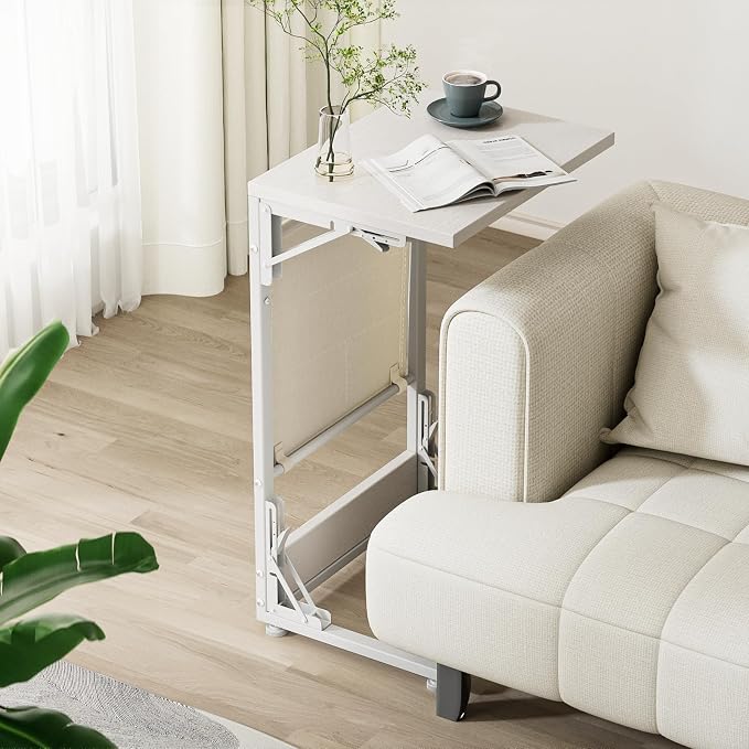 Folding TV Tray Table, 28.8" Tall C-Shaped Side Table for Couch and Bed, Slide Under Sofa Side Desk with Storage Bag - Sturdy Metal Frame Tray for Living Room, Bedroom, Home & Office (White)