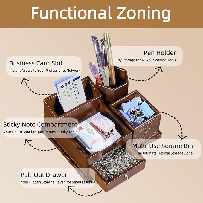 Bamboo Desk Organizer with Drawer, Pen Holder & Business Card Slot, Multi-Compartment Desktop Storage Caddy, Wood Desk Accessories for Office & Home Office, Dark Brown Finish