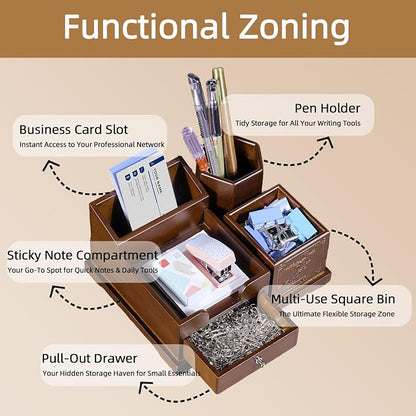 Bamboo Desk Organizer with Drawer, Pen Holder & Business Card Slot, Multi-Compartment Desktop Storage Caddy, Wood Desk Accessories for Office & Home Office, Dark Brown Finish
