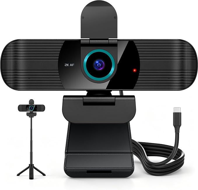 Pro QHD 2K/60fps Webcam with Tripod, External USB-C Camera for PC/Laptop | Dual noise-cancelling mics | Auto-focus | Wide-angle | Low-light correction | 360° rotation | CMOS sensor | Plug and Play