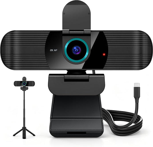 Pro QHD 2K/60fps Webcam with Tripod, External USB-C Camera for PC/Laptop | Dual noise-cancelling mics | Auto-focus | Wide-angle | Low-light correction | 360° rotation | CMOS sensor | Plug and Play