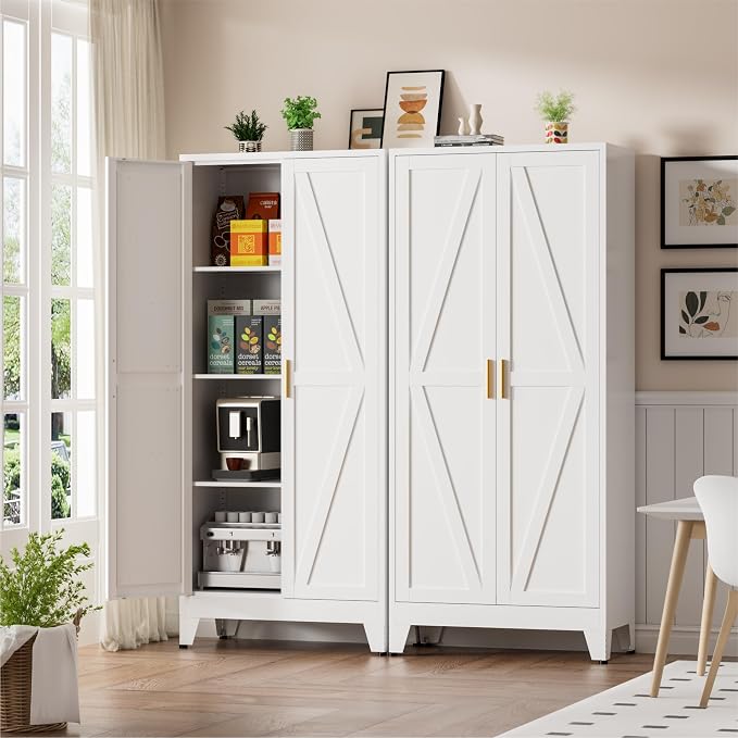 Metal Kitchen Pantry Cabinet, 61" White Farmhouse Storage Cabinet with 2 Vintage Barn Doors and 3 Adjustable Shelves, Rustic Freestanding Cupboard for Kitchen,Home Office Living Room,Dining Room