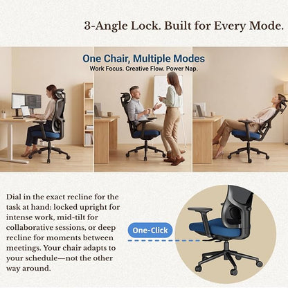 Ergonomic Office Chair with Breathable Mesh Back & Thick Cushion Seat, 4D Armrests, 3D Headrest, Adjustable Lumbar Support & Seat Depth, High Back Desk Chair with Tilt Lock (Blue)