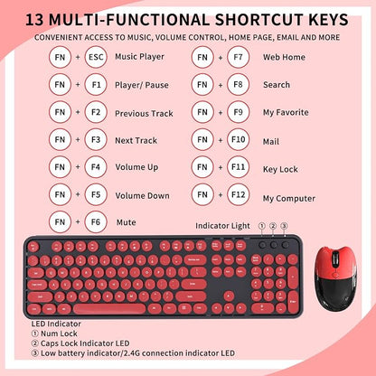 Wireless Keyboard and Mouse, 104 Round Keycaps Retro Typewriter with OTG & Brush, Full-Size Ergonomic, Ideal for Windows PC, Home, Office and College Black Red