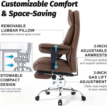 Efomao Executive Office Chair 400lbs,Brown Big and Tall Desk Chair | Mattress-grade pocket spring cushion, sleek leather, 135° recline & footrest for computer gaming setup.