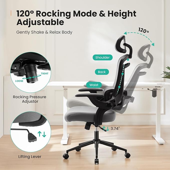 Sweetcrispy Office Ergonomic Desk Chair, 300 LBS Home Mesh Chairs with Wheels, 2D Headrest, Up&Down Lumbar Support, Swivel High Tall Back Computer with Flip-up Armrests, Dark Grey