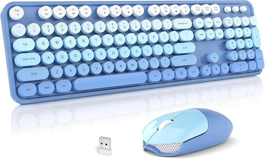 Wireless Keyboard and Mouse Combo, 2.4GHz Gradient Colorful Full-Size Retro Typewriter Keyboard with Wireless Mouse for PC/Desktop/Laptop/Windows (Blue Gradient)
