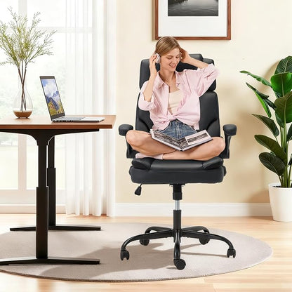 ECOTOUGE Executive Office Chair, Ergonomic Big and Tall Desk Chair with Adjustable Headrest,High PU Leather Comfy Heavy Duty Computer Chair with Padded Flip-up Arm, Black