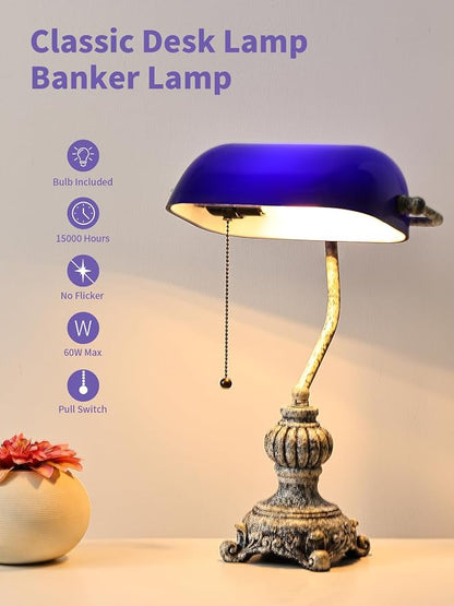 Retro Blue Glass Bankers Desk Lamp,LED Bulb Included | Home Office Library with Pull Chain Switch Plug in Fixture