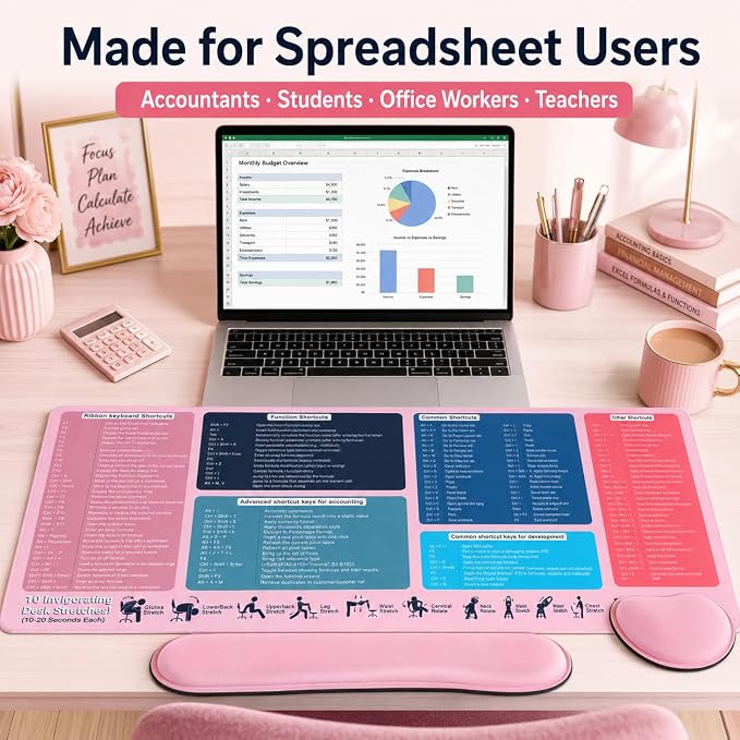 Excel Cheat Sheet Desk Pad Set, 3-Piece XXL Shortcut Mouse Pad with Keyboard and Wrist Rests, Non-Slip Office Mat, 35.5 x 15.8 in, Blush Pink