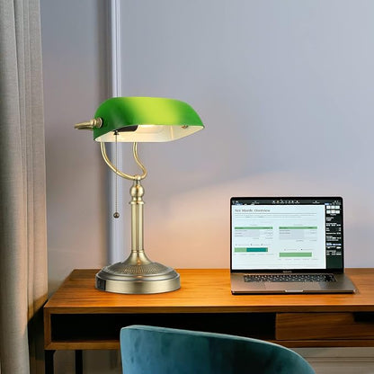 Green Glass Bankers Desk Lamp with USB Fast Charging Port | Pull Chain Switch Plug in Fixture
