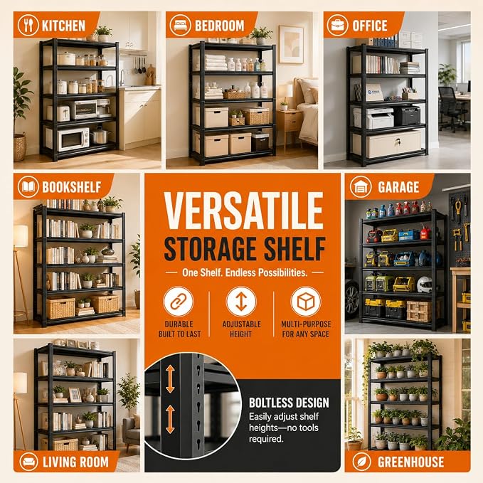 Bolt-Free Metal Bookshelf, Adjustable Tall Bookcase with Anti-Drop Fence, Heavy Duty Deep Book Shelf, Large Office Bookshelf, Modern Storage Shelves for Bedroom, LivingRoom, Garage