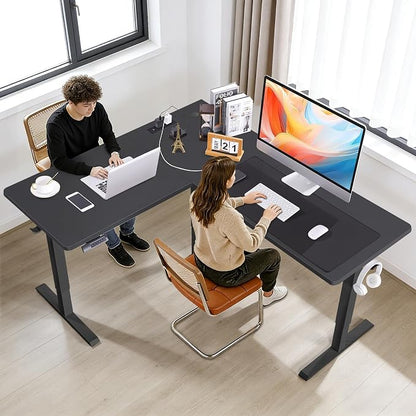 63” L Shaped Standing Desk with Charging Station,Supports Left and Right Swapping,Electric Height Adjustable Corner Stand Up Desk.Free Hook, Lockable Wheels,Mouse Pad,Black