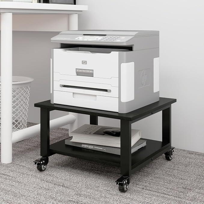 Natwind 2 Tiers Office Movable Laser Printer Copier Stand Cart Under Desk Heavy Duty Dark Brown Rolling Table with Storage Floor-Standing Holder on Wheels Fax Paper Organizer Shelf for Home (Black)