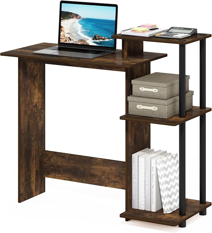 Furinno Efficient 29-Inch Rustic Brown Computer Desk with Side Shelves, Gaming Desk with 3 Open Shelves, Home Office Desk, for Home Office, Study Room, Dorm, Bedroom, Amber Oak