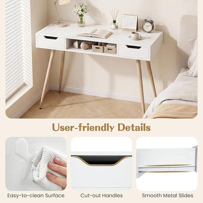 Giantex White Computer Desk with Drawers, 42.5" Minimalist Mid Century Modern Vanity Writing Desk with Open Storage Cubby & Metal Leg, Compact Wooden Study Table for Small Spaces Home Office (White)