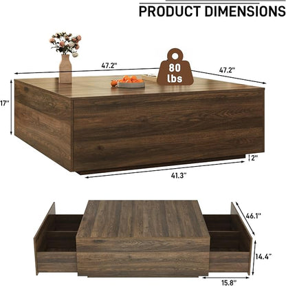 47 Inch Large Square Coffee Table with Storage,Modern Wooden Coffee Tables with 2 Drawers Storage for Living Room,Mid Century Tea Table/Aesthetic Coffee Table Center Table for Home Office(Walnut)