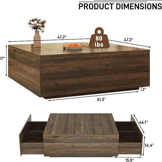 47 Inch Large Square Coffee Table with Storage,Modern Wooden Coffee Tables with 2 Drawers Storage for Living Room,Mid Century Tea Table/Aesthetic Coffee Table Center Table for Home Office(Walnut)